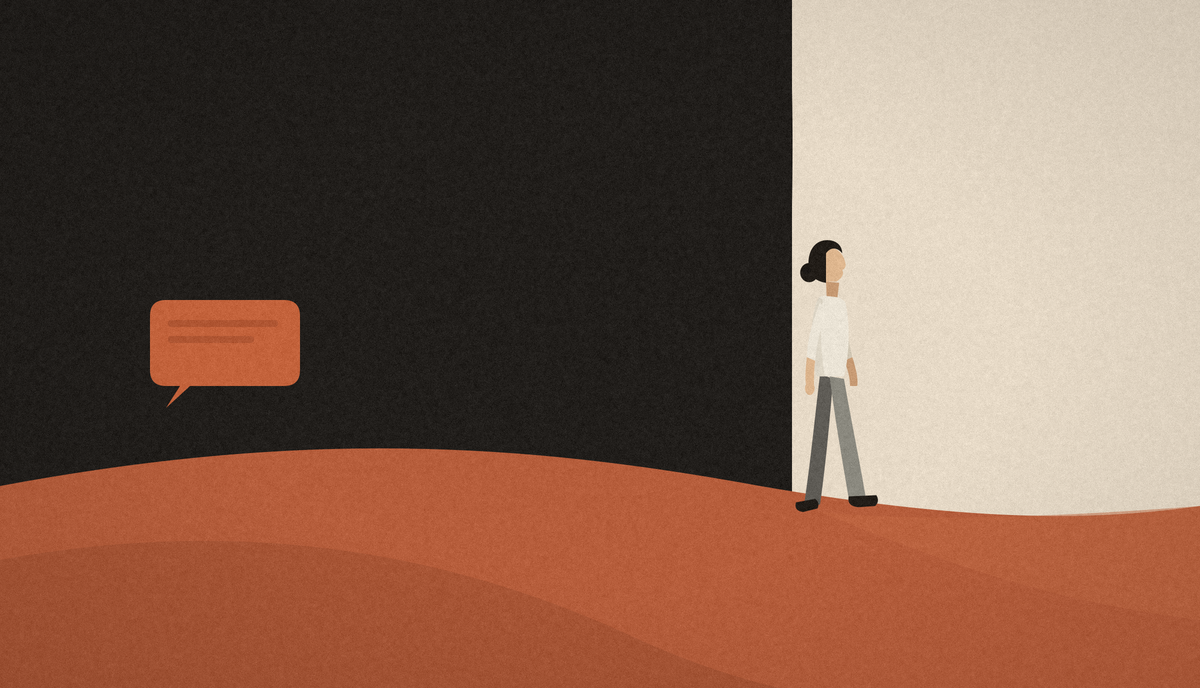 Illustratie van een persoon die uit een donker vlak naar voren stapt